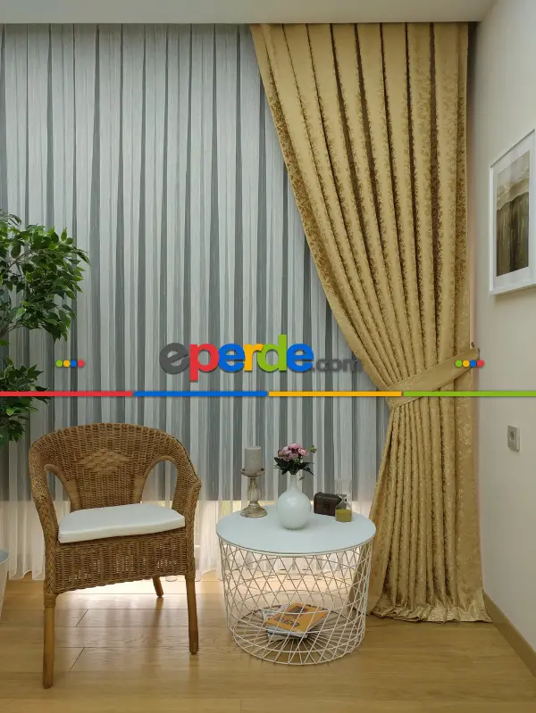 Yatak Odası - Gold Rengi Duz Jakar Fon Perde (180)- Altın Mat