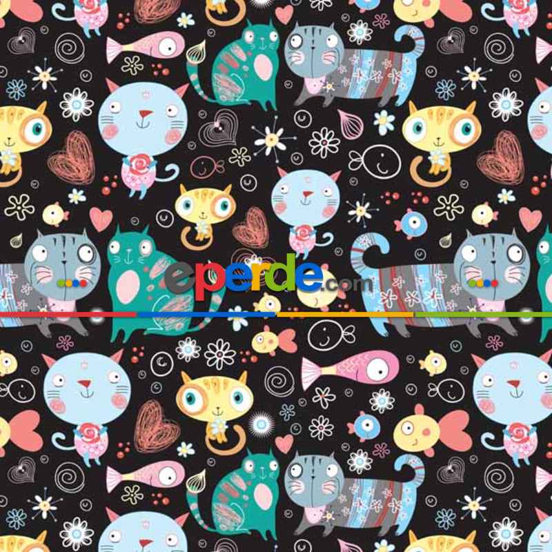 Kedi Resimli Fon Perde K456 H - Kumaşı Kalındır Duck Bezi Değildir.- Siyah-Yeşil-Mavi-Sarı-Turkuaz-Çok Renkli