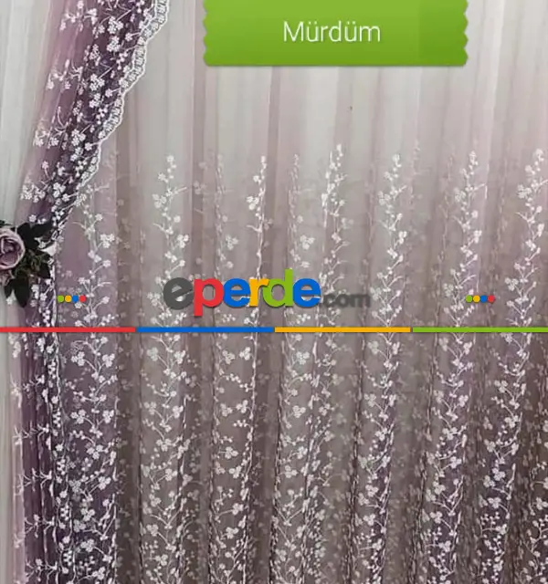 Salon Tül - Degrade İşlemeli Tül Ve Fon Takım Mürdüm