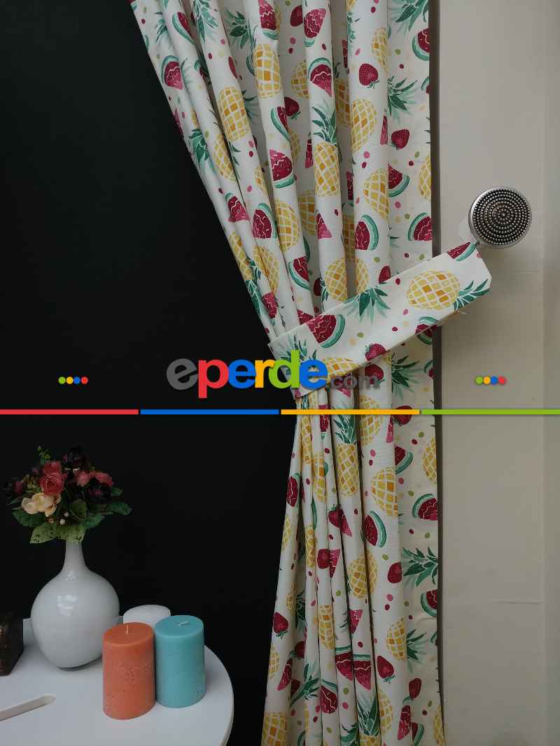 Karpuz-ananas-çilek Desenli Fon Perde (leke Tutmaz )- Kırmızı-açık Yeşil-hardal Sarısı
