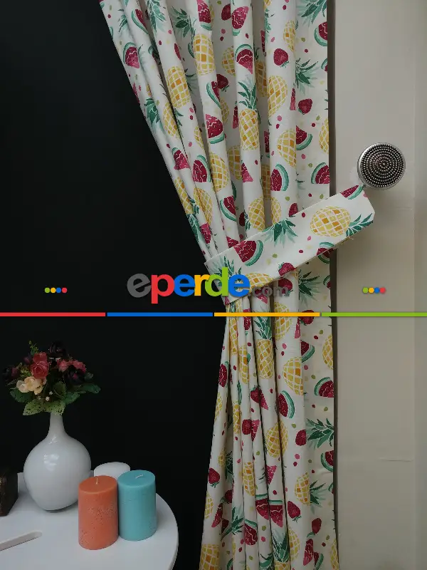 Karpuz-ananas-çilek Desenli Fon Perde (leke Tutmaz )- Kırmızı-Açık Yeşil-Hardal Sarısı