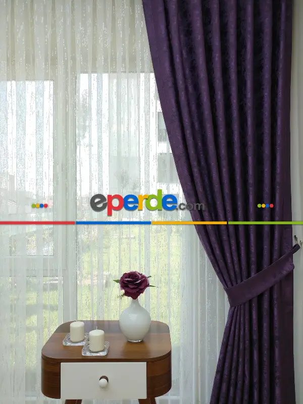 Patinedesenli Mor - Katyonik Jakar Fon Perde- Mor