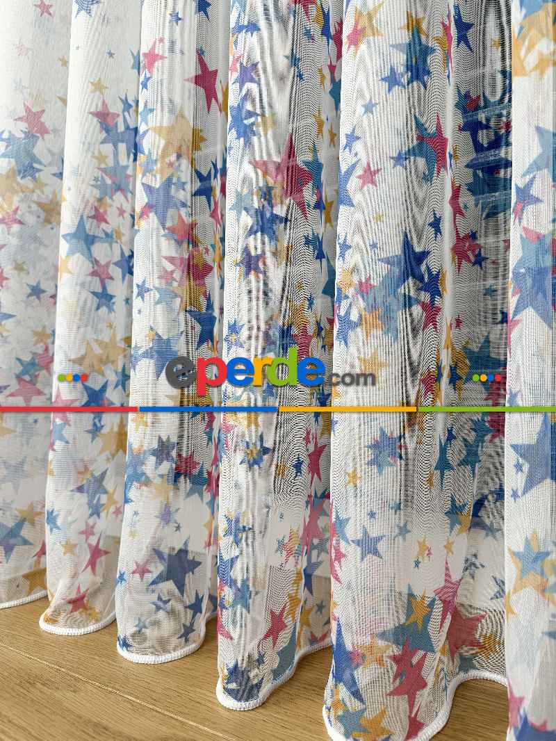 Bebek Odası Tül Perde - Çok Renkli Yıldız Baskılı Tül Perde, Çocuk-bebek Odası, Premium Seri
