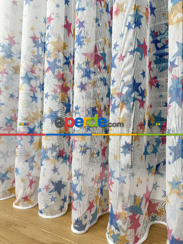 Bebek Odası Tül Perde - Çok Renkli Yıldız Baskılı Tül Perde, Çocuk-bebek Odası, Premium Seri