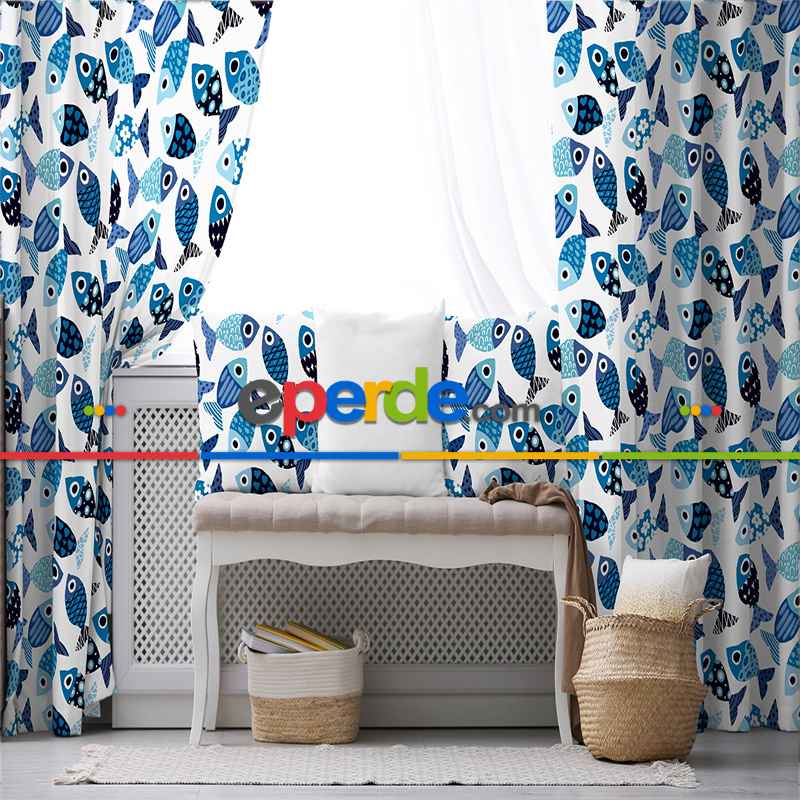 Balık Desenli Fon Perde Evim493 Kumaşı Kalındır Duck Bezi Değildir- Mavi-beyaz