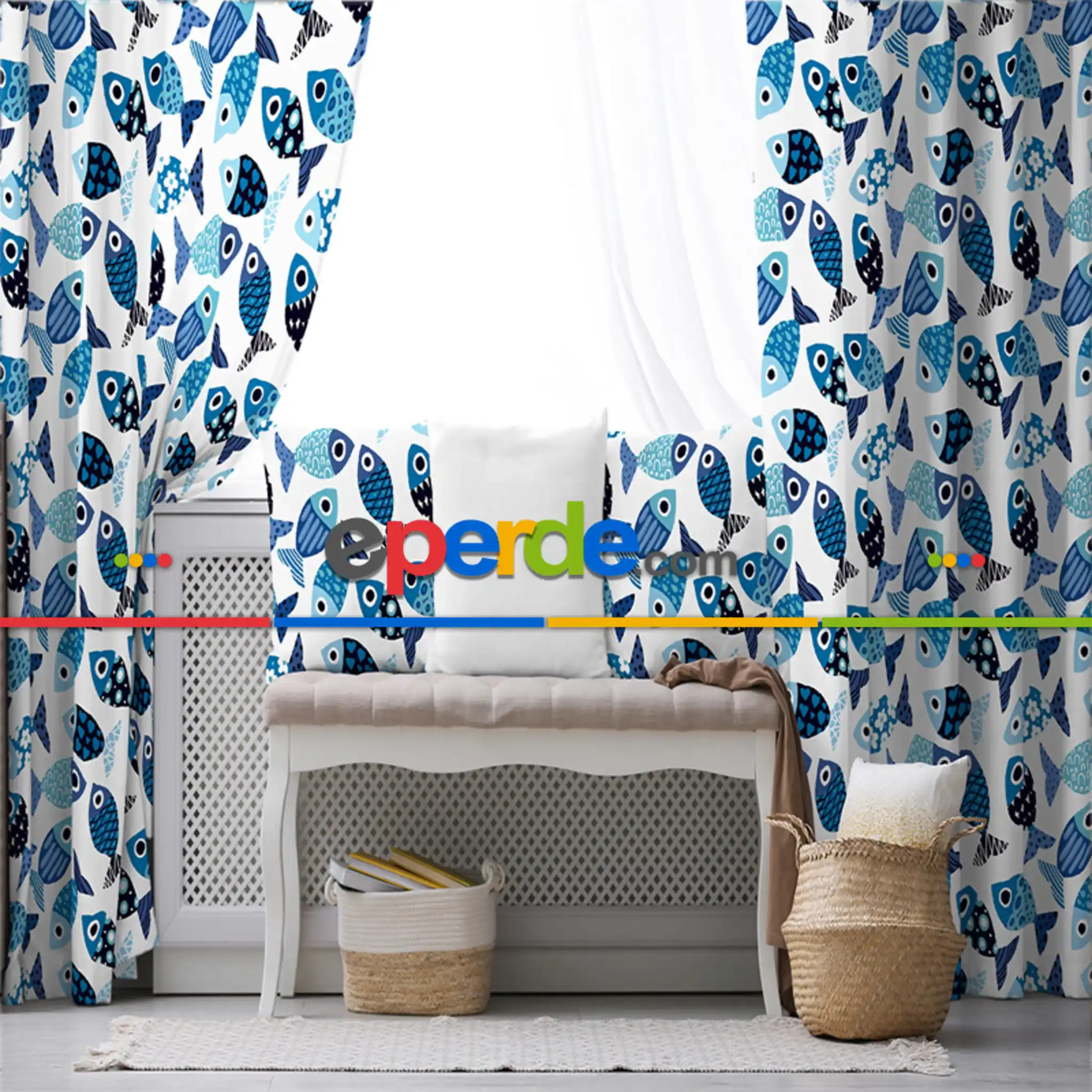 Çocuk Odası - Balık Desenli Fon Perde Evim493 Kumaşı Kalındır Duck Bezi Değildir- Mavi-beyaz