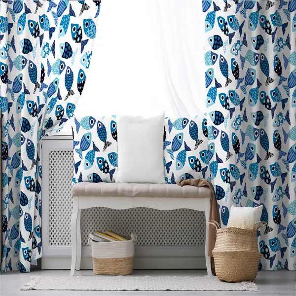 Çocuk Odası - Balık Desenli Fon Perde Evim493 Kumaşı Kalındır Duck Bezi Değildir- Mavi-beyaz