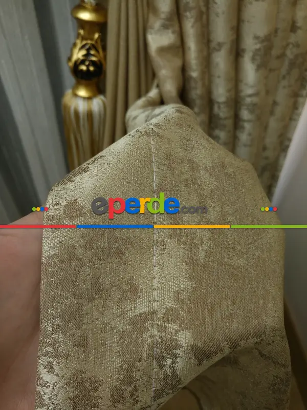 Patine Desenli Açık Kahve Renk Kombinli Desenli Fon Perde- Kahve Açık