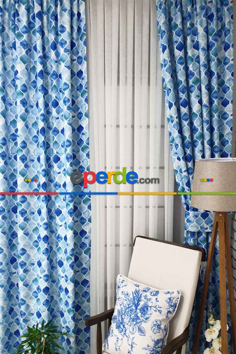 Yatak Odası - Mavi Geometrik Desenli Fon Perde Evm644 Kumaşı Kalındır Duck Bezi Değildir- Mavi-Beyaz