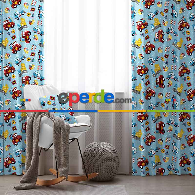 Araba Desenli Fon Perde Evim492 Kumaşı Kalındır Duck Bezi Değildir- Mavi-beyaz