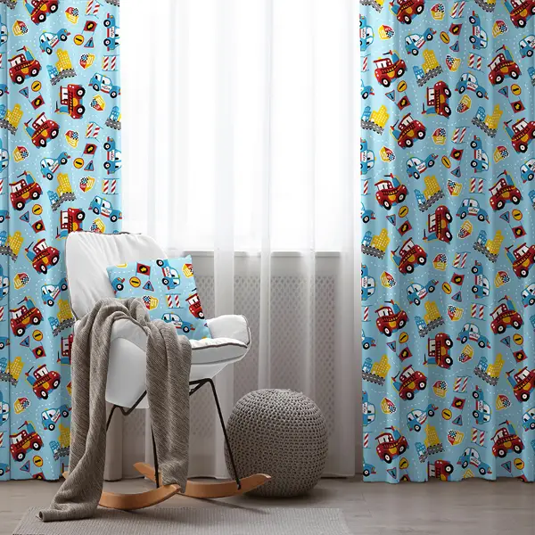 Erkek Çocuk ve Bebek Odası Fon Perde - Arabalar Desenli - Mavi Kırmızı