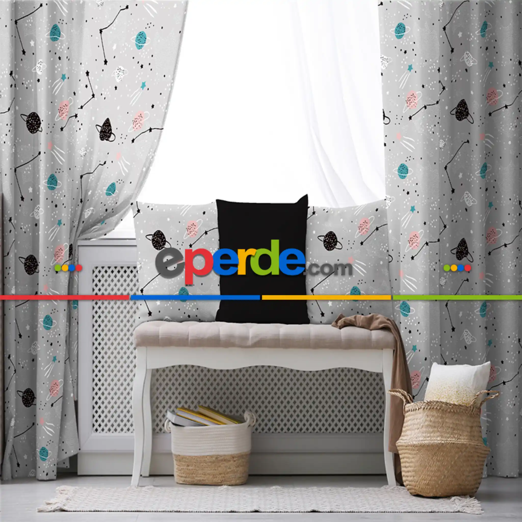 Çocuk Odası - Gezegen Desenli Fon Perde Evim497 Kumaşı Kalındır Duck Bezi Değildir- Mavi-beyaz