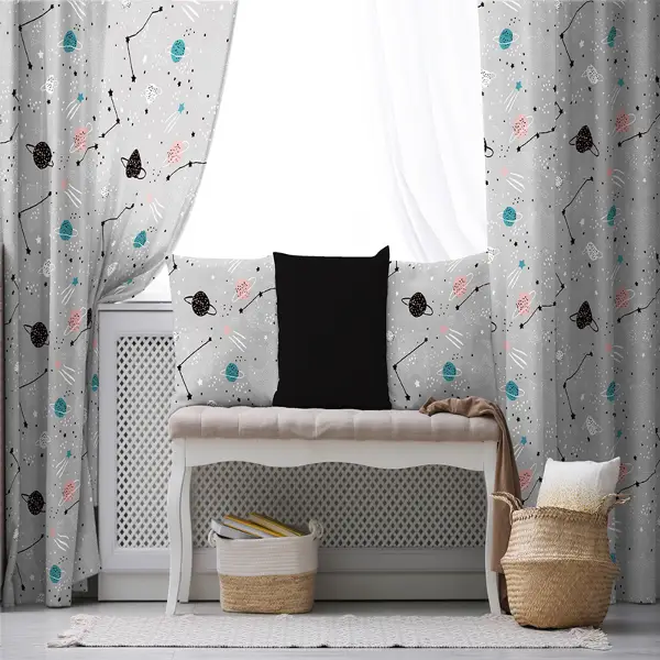 Çocuk Odası - Gezegen Desenli Fon Perde Evim497 Kumaşı Kalındır Duck Bezi Değildir- Mavi-beyaz