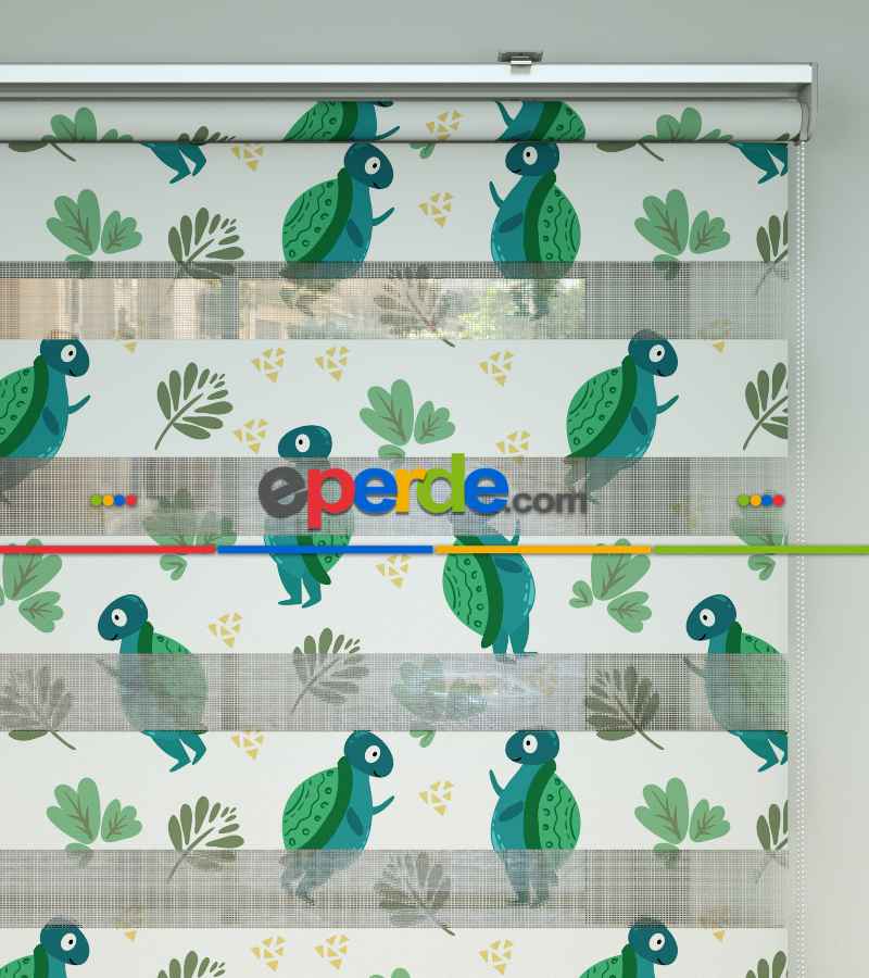 Kaplumbağa Desenli Baskılı Zebra Perde- Yeşil