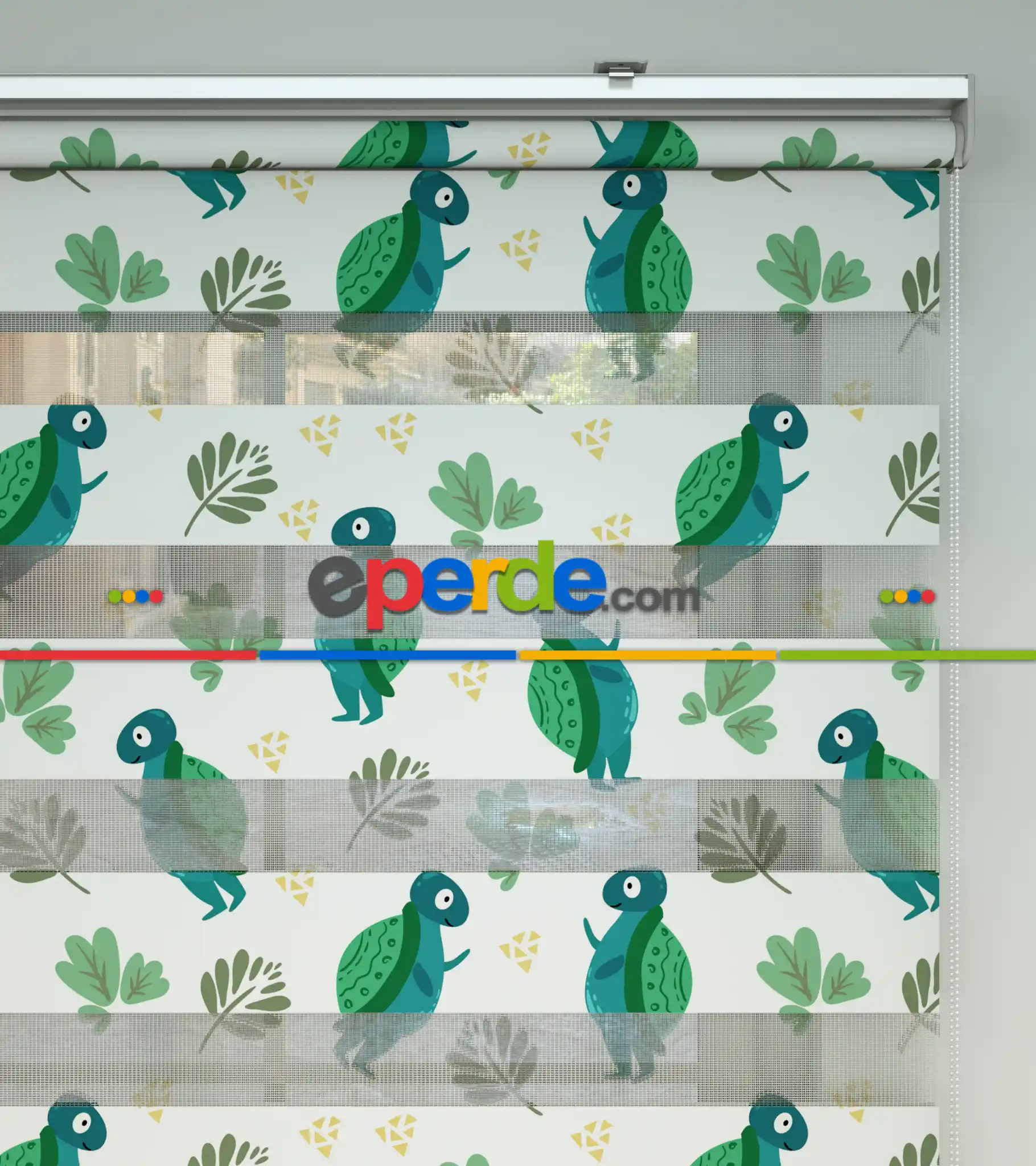 Bebek Odası Zebra Perde - Kaplumbağa Desenli Baskılı Zebra Perde- Yeşil
