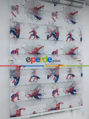 Çocuk Odası - Örümcek Adam Baskılı Zebra Perde- Mavi