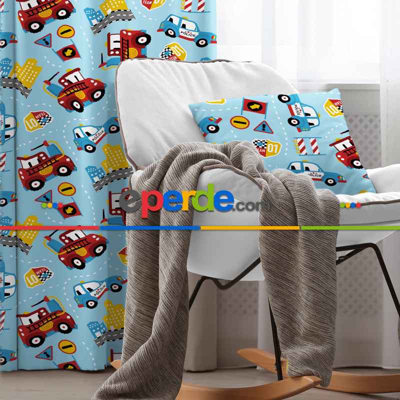 Araba Desenli Fon Perde Evim492 Kumaşı Kalındır Duck Bezi Değildir- Mavi-beyaz