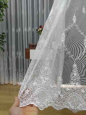 %60 İndirimli - Nakış İşlemeli Desenli Tül Perde - Ütü İstemez- Ekru