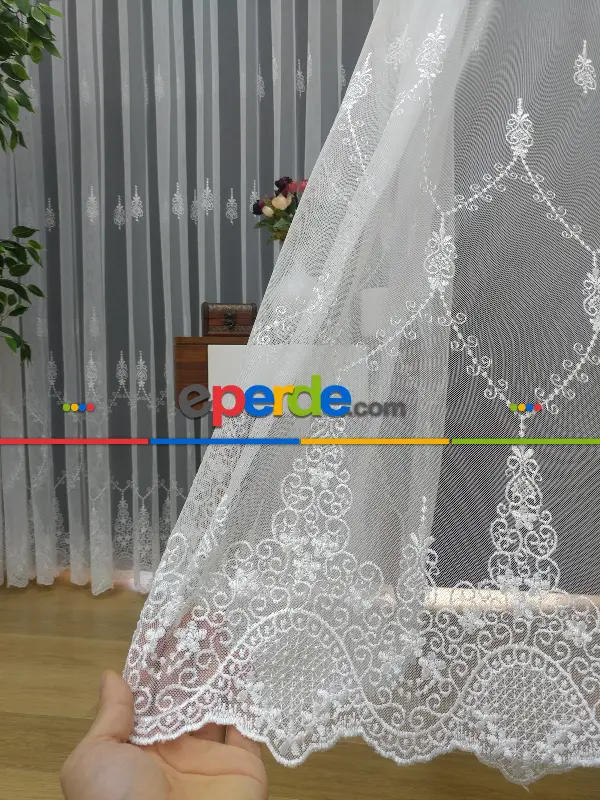 %60 İndirimli - Nakış İşlemeli Desenli Tül Perde - Ütü İstemez- Ekru