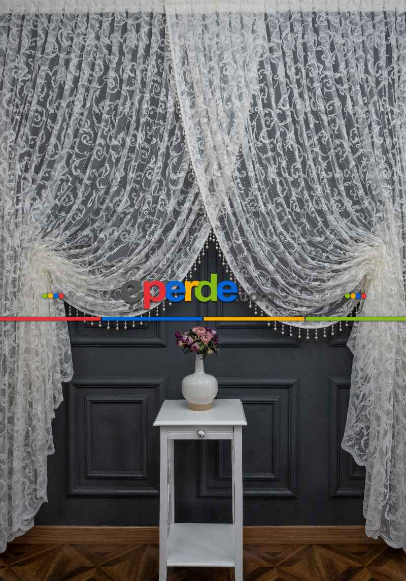 Beyaz Tül Perde - Sarmaşık Şal Desenli Tül - Kruvaze Model Yanki Tül Perde - Düz Model Seçeneği Var - Örme Tül