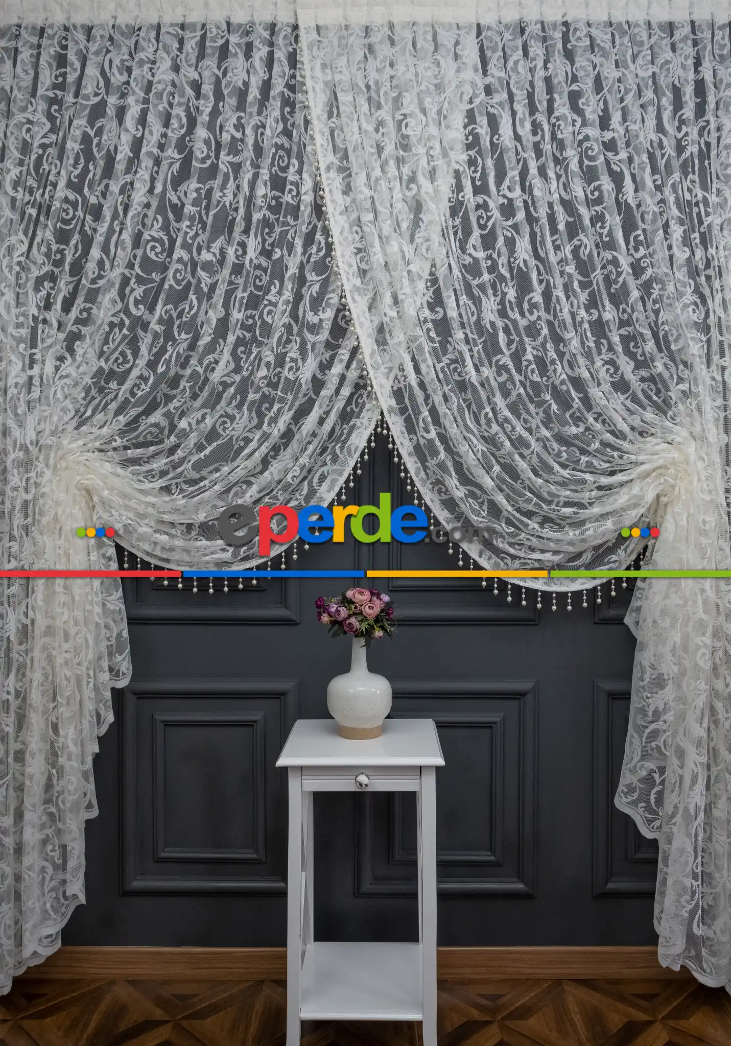 Beyaz Tül Perde - Sarmaşık Şal Desenli Tül - Kruvaze Model Yanki Tül Perde - Düz Model Seçeneği Var - Örme Tül