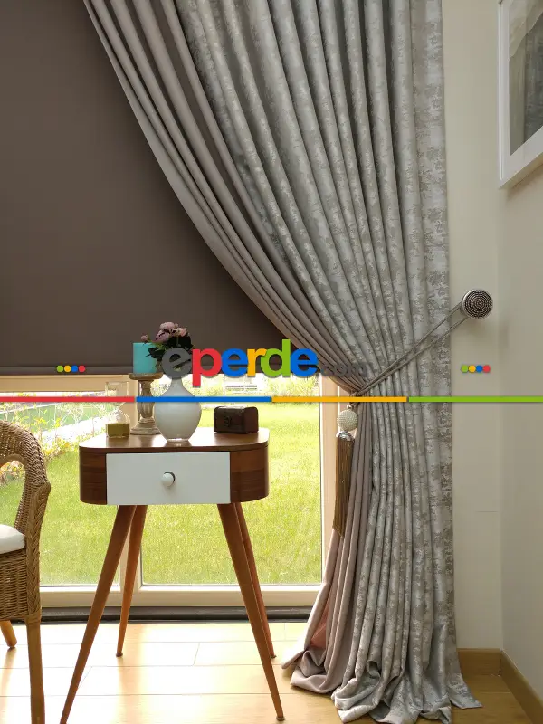 Patinedesenli Açık Vizon Pudra Renk Kombinli Desenli Fon Perde- Kahve Açık-gri Açık