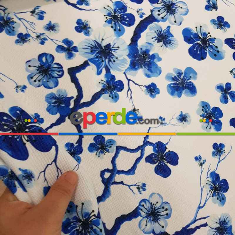 Çiçek Desenli Fon Perde Evm1515 Kumaşı Kalındır Duck Bezi Değildir- Mavi