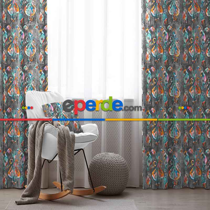 İkat Etnik Desenli Fon Perde Evim245 Kumaşı Kalındır Duck Bezi Değildir- Mavi-beyaz