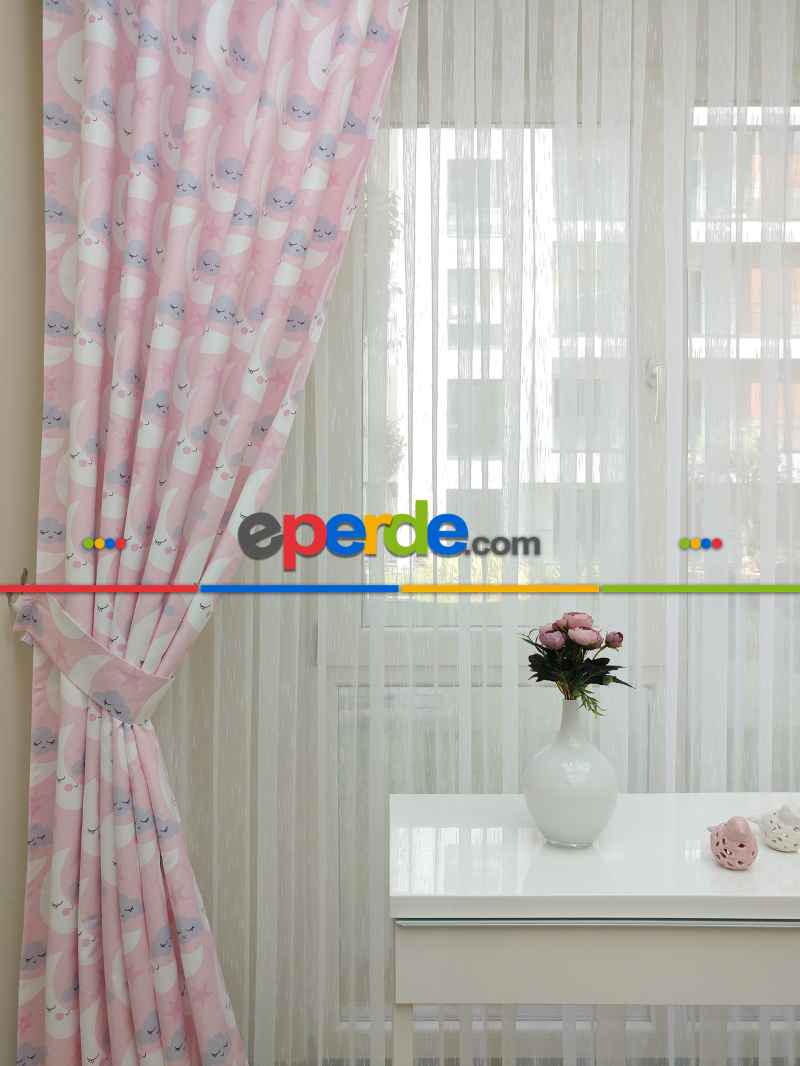 Kız Çocuk Odası Fon Perde - Ay Dede Desenli Fon Perde Modelleri - Pembe Mavi