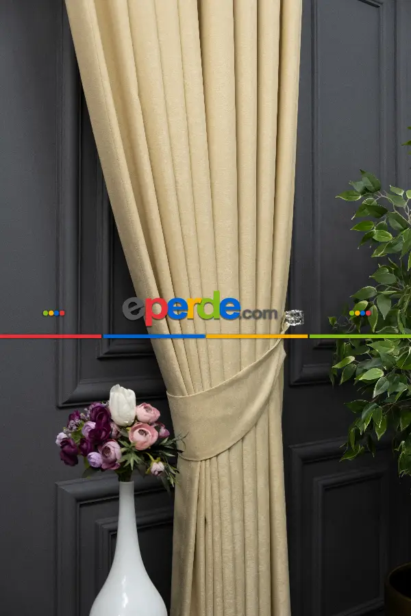 Salon - Soft Fon Perde Açık Bej Rengi Dökümlü En - Kum Beji