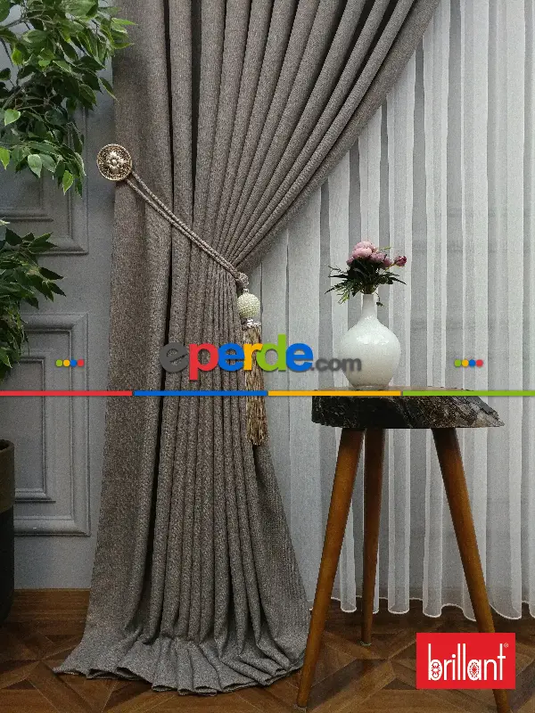 Salon Fon - Brillant Keten Açık Vizon Renk Düz Fon Perde - Açık Vizon