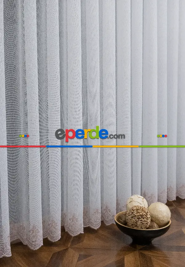 Salon Tül Perde - Şehrazat Fransız Danteli Etek Ucu Pembe Nakışlı Örme Tül