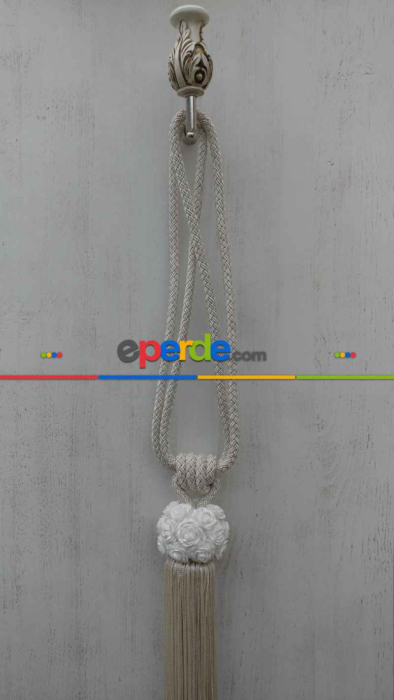 Gül Desen Braçol Perde Bağı- Ekru