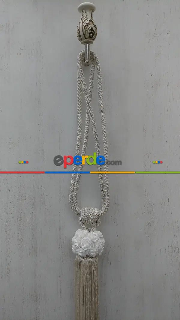 Gül Desen Braçol Perde Bağı- Ekru