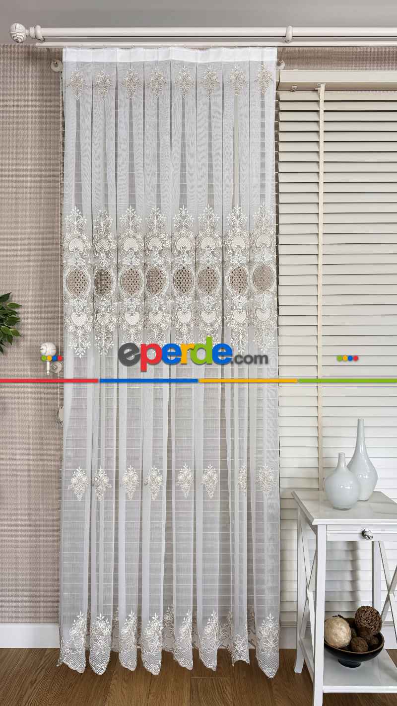 Ekru Bej Özel Dokuma, Özel İplik Brode İşlemeli Tül Perde - Ağır Gramajlı Premium Nakışlı