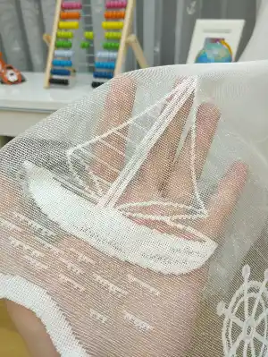 Çocuk Odası Tül Perde - Yelkenli Çapa Desenli Perdesi- Ekru