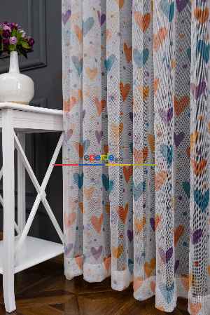 Hazır Ölçülü Petek Zemin Turuncu Ve Mavi Renkli Kalpler - Puantiye Desenli Grek Baskılı Tül Perde