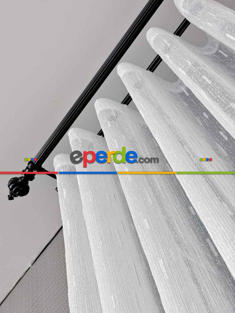 Mutfak Sakallı Şantuk Tül Perde - Gümüş Simli Ekru Zemin - Ürün Videosu Açıklamada Vardır