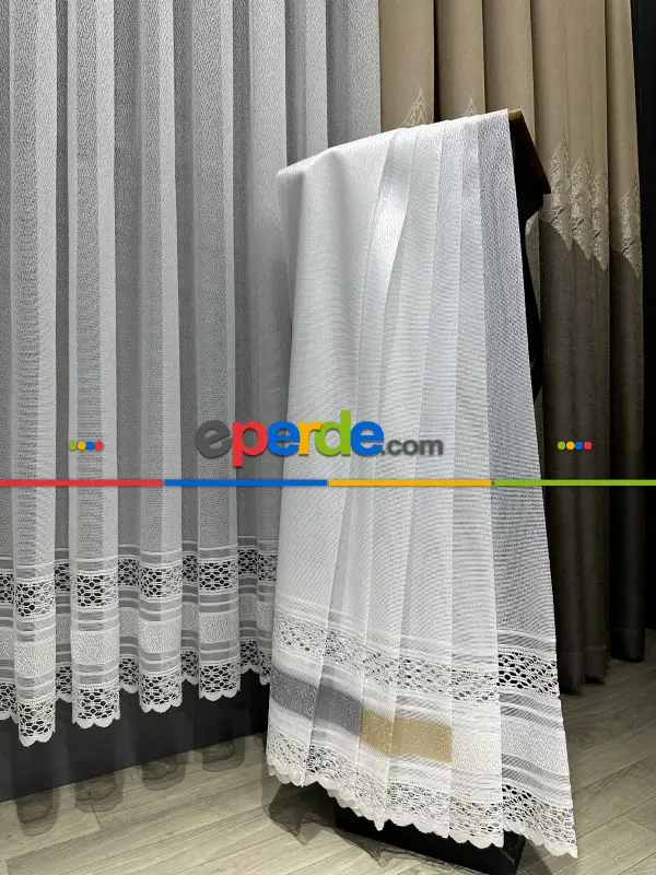 Mutfak Aplik Örme Tül Perde Tek Kanat - Ekru