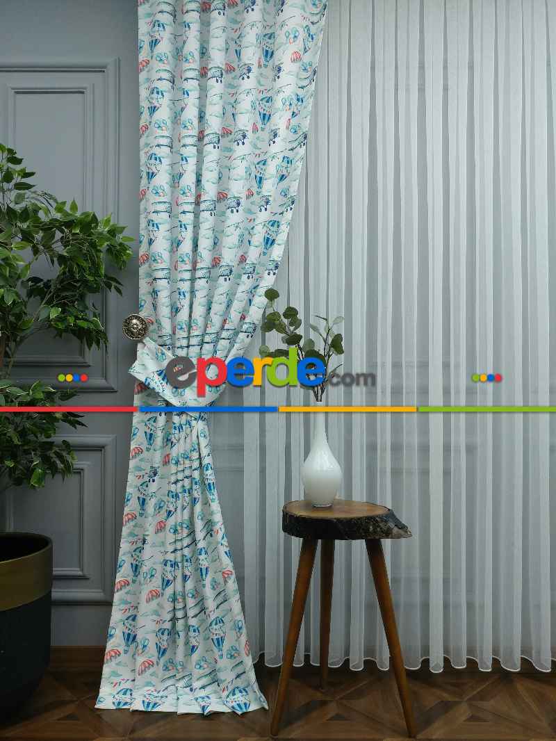 Bebek Odası Fon - Uçak Desenli Fon Perde K679 Kumaşı Kalındır Duck Bezi Değildir.- Mavi