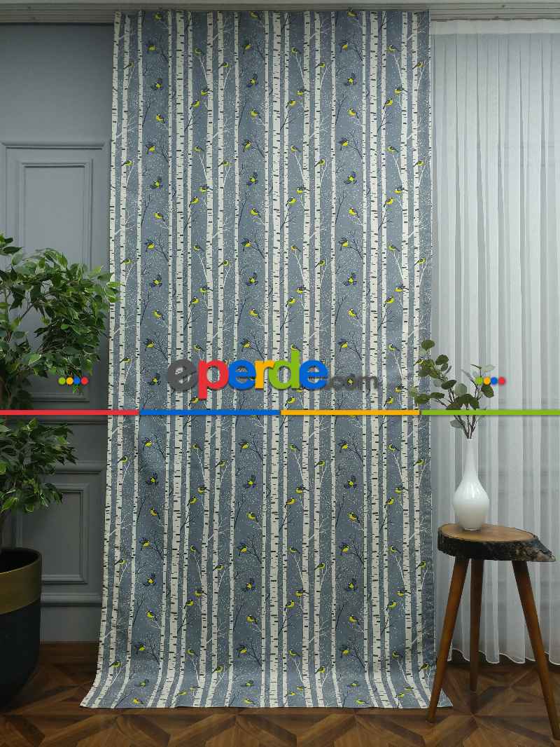 Mutfak Perdesi Kanat Fon Perde Kuş Desenli- Sarı