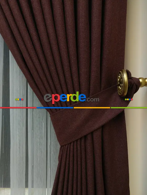 Salon Fon Perde - Keten Bordo Renk Düz Fon Perde- Kiremit Rengi