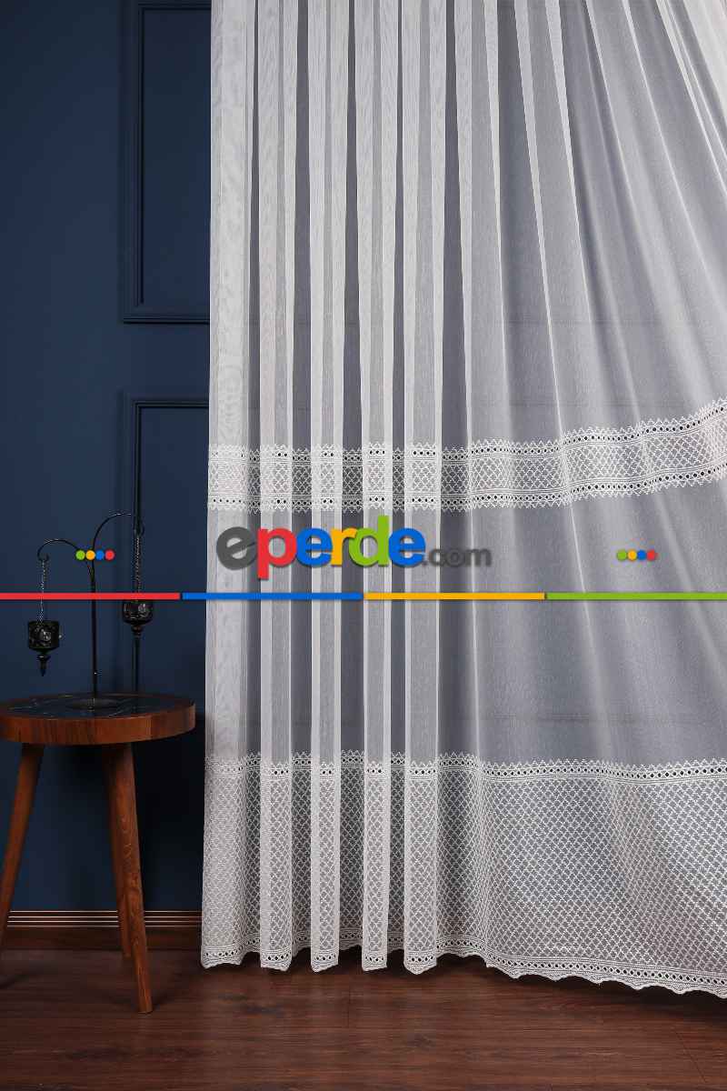 Salon Tül - Enine Bantlı Avangart Nakış İşlemeli Tül Perde