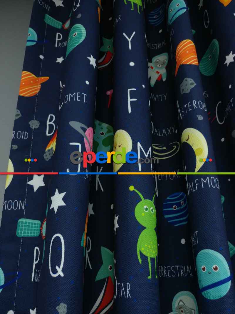 Uzay Desenli Fon Perde Evm833 Kumaşı Kalındır Duck Bezi Değildir- Mavi-Beyaz-Pembe Koyu