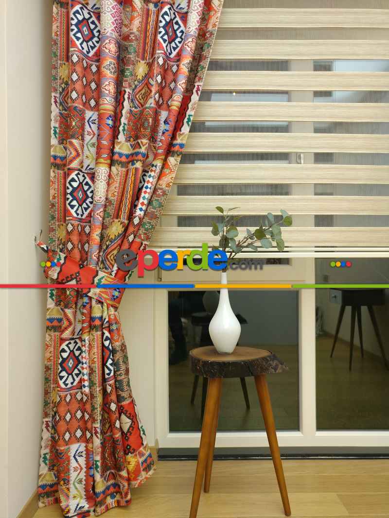 Mutfak Perdesi Kanat Fon Perde Kilim Desenli- Lacivert