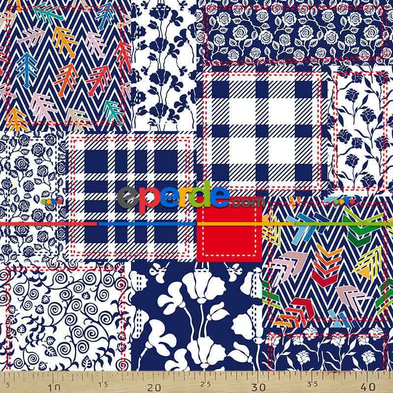 Etnik Desenli Fon Perde Evm213 _e - Kumaşı Kalındır Duck Bezi Değildir.- Lacivert-Mavi-Beyaz-Çok Renkli