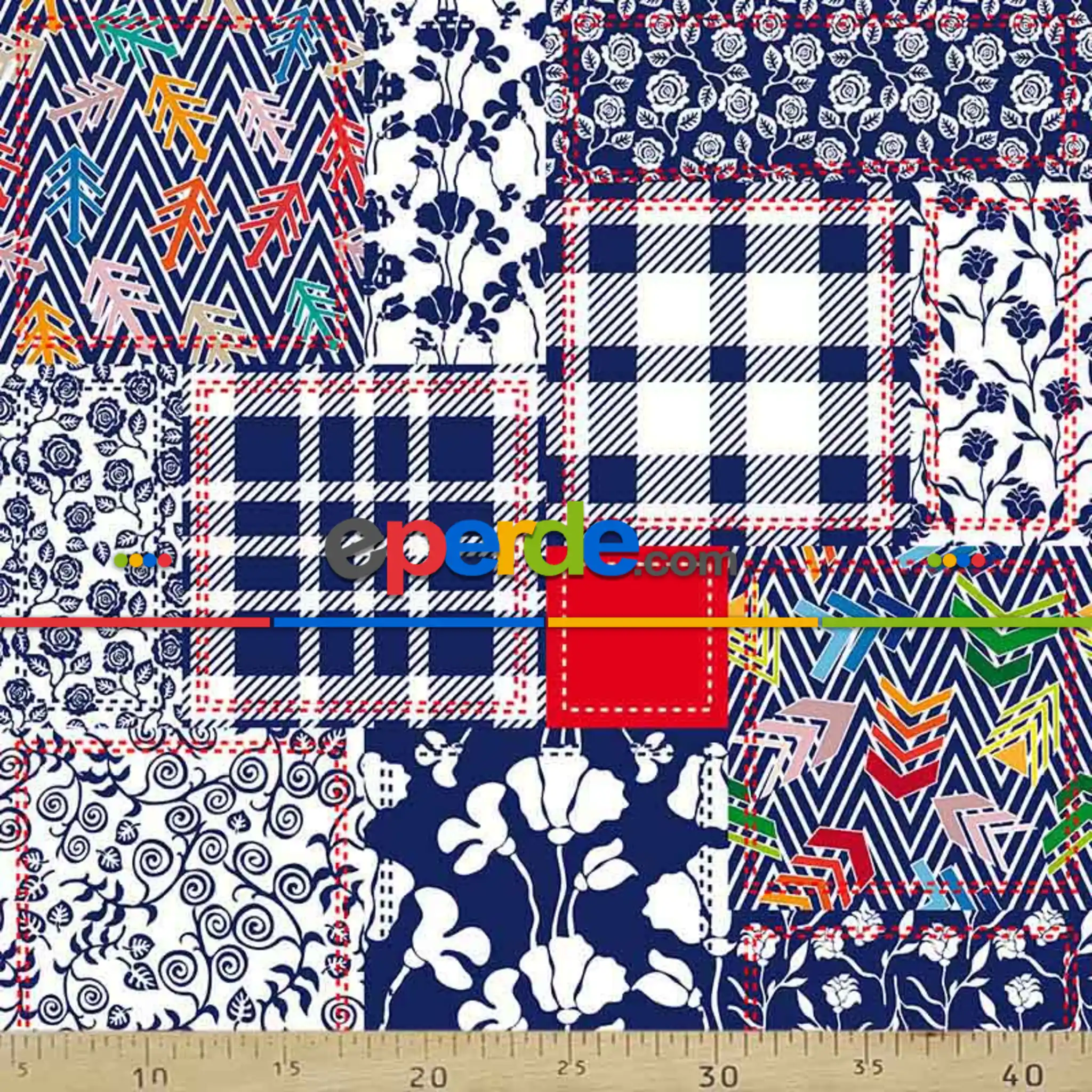 Etnik Desenli Fon Perde Evm213 _e - Kumaşı Kalındır Duck Bezi Değildir.- Lacivert-Mavi-Beyaz-Çok Renkli