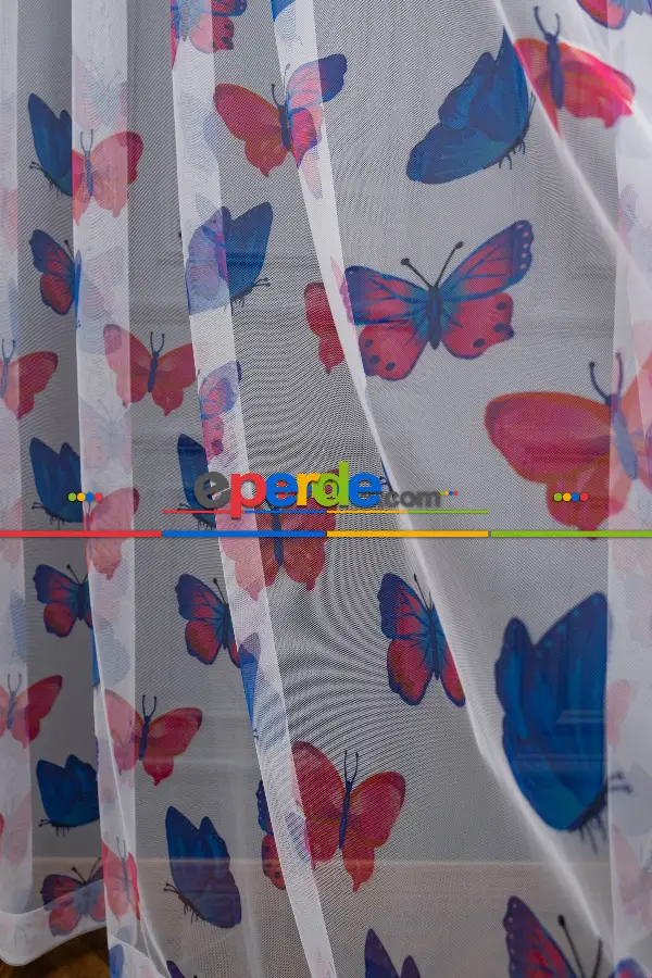Hazır Ölçü Petek Zemin Renkli Kelebek Desenli Grek Baskılı Tül Perde 190cm X 255cm 