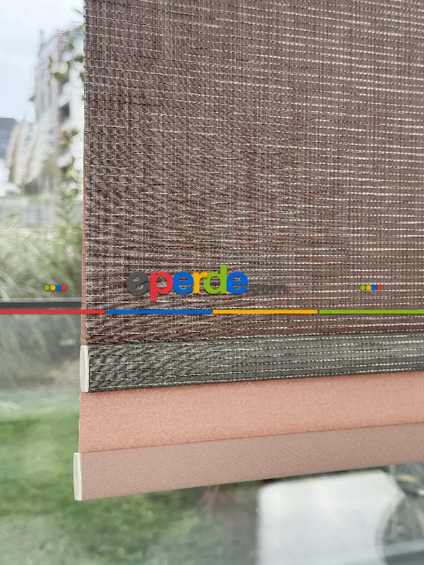 Yavruağzı Kahverengi Çiftli Sistem Tül Stor Perde, Standart Metal Kasalı Yüksek Kalite Kornişe Kolay Montaj Seçenekli