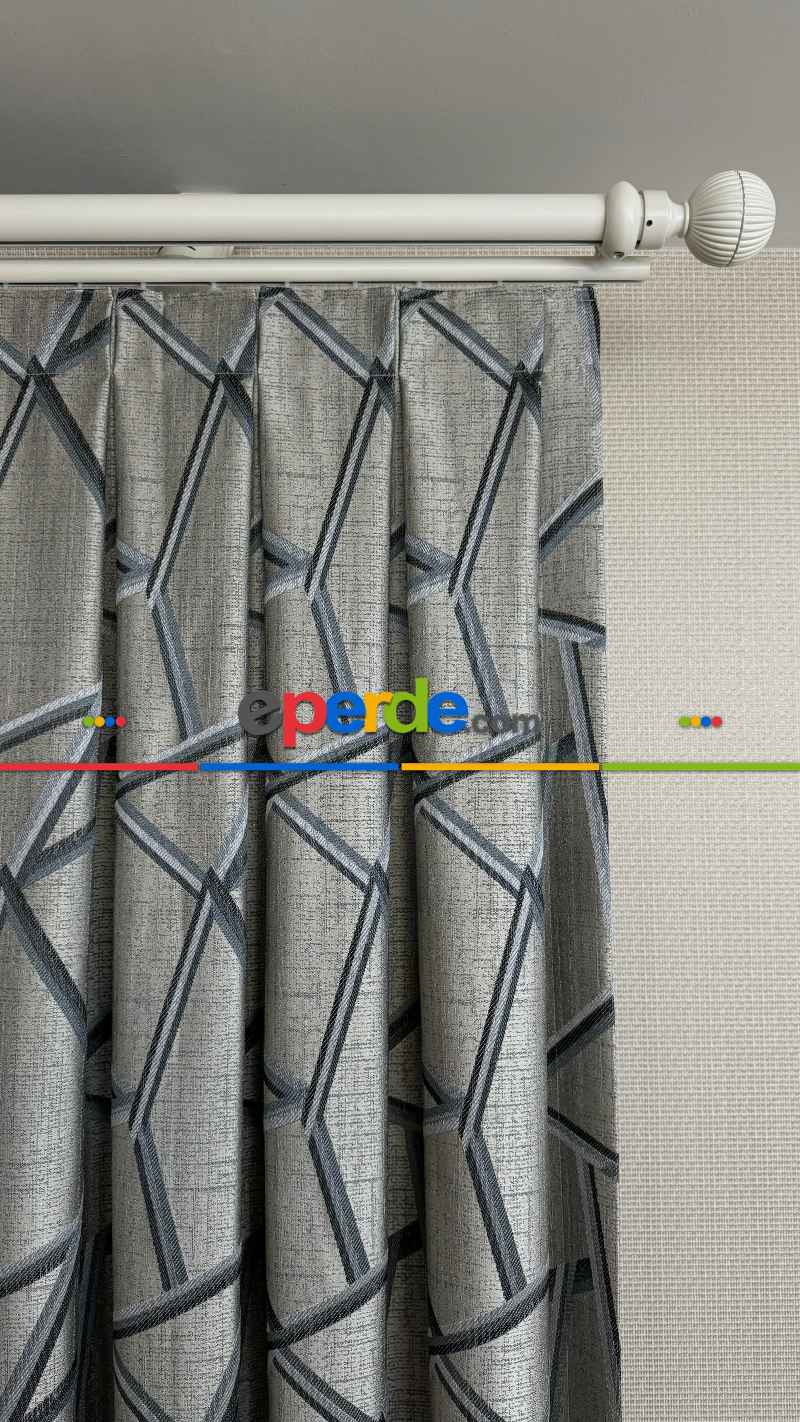 Gri Petrol Mavi Geometrik Desen Jakar Dokuma Fon Perde - Premium Seri Ağır Gramajlı